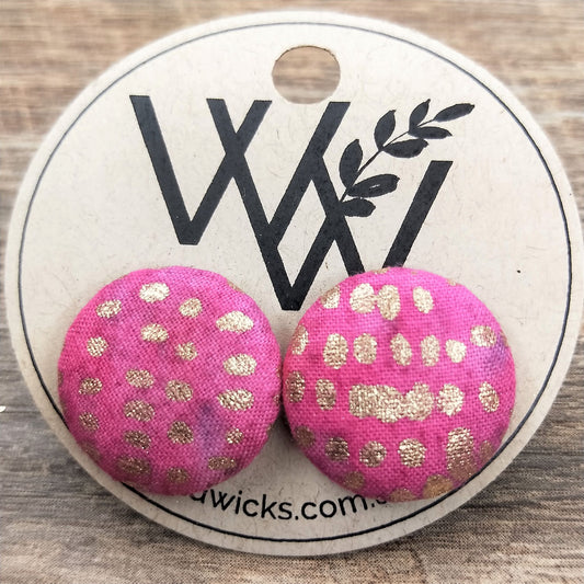 Wildears Fabric Covered Button Earrings Pink Gold 19mm