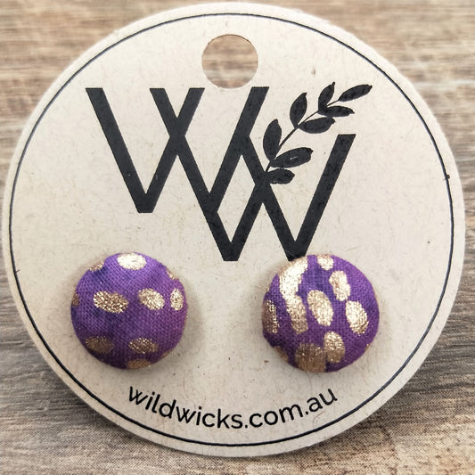 Wildears Fabric Covered Button Earrings Purple Gold 12mm