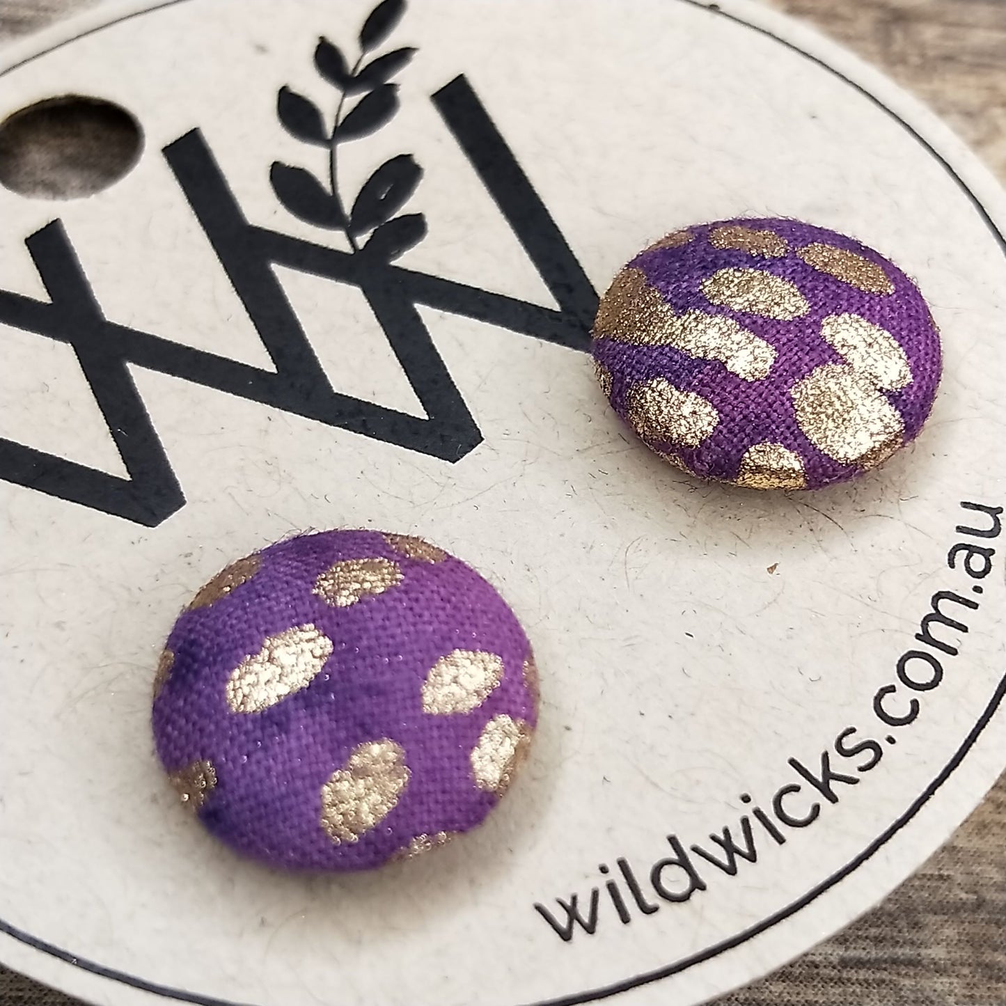 Wildears Fabric Covered Button Earrings Purple Gold 12mm