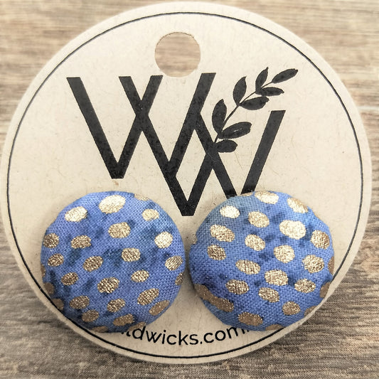 Wildears Fabric Covered Button Earrings Blue Gold 19mm