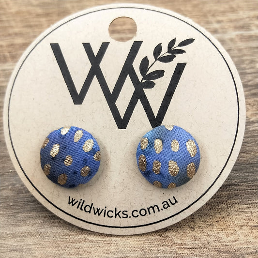 Wildears Fabric Covered Button Earrings Gold Blue 12mm