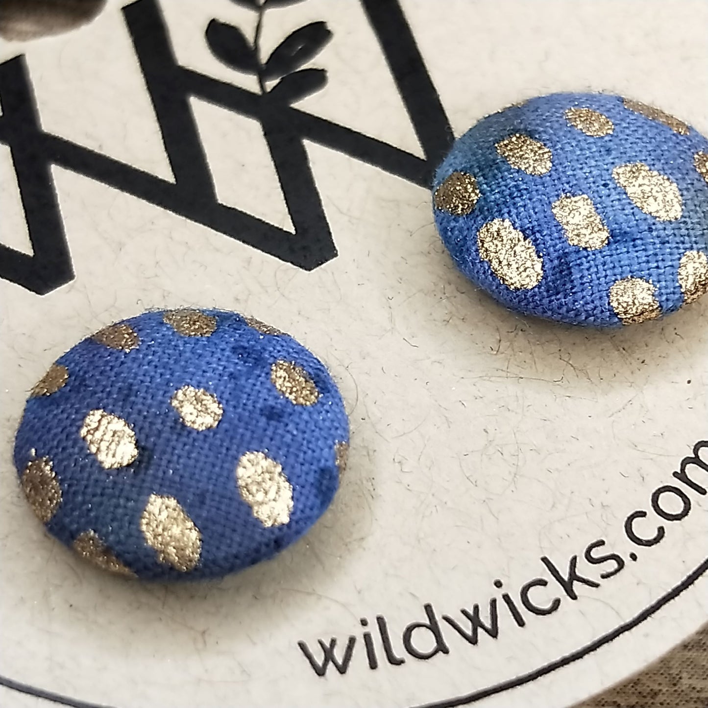 Wildears Fabric Covered Button Earrings Gold Blue 12mm