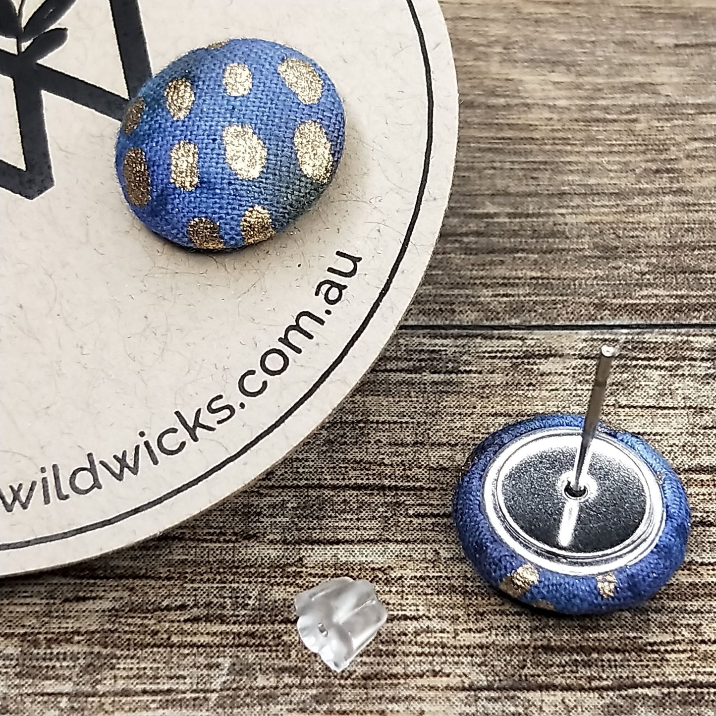 Wildears Fabric Covered Button Earrings Gold Blue 12mm