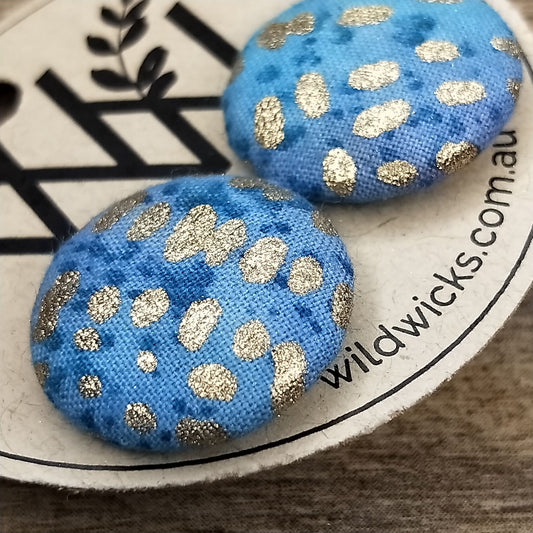 Wildears Fabric Covered Button Earrings Gold Blue 19mm