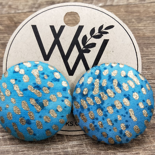 Wildears Fabric Covered Button Earrings Gold Turquoise 27mm