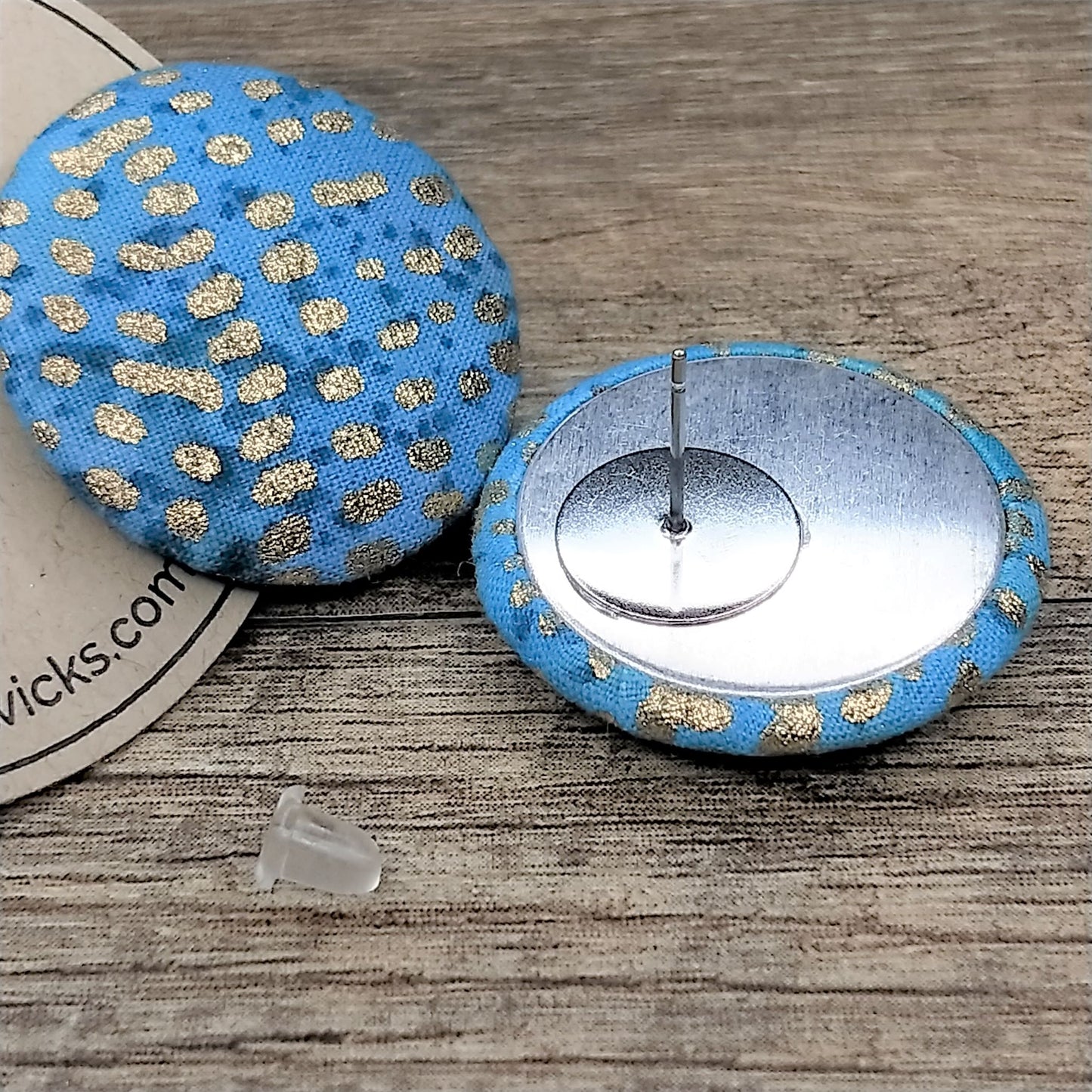Wildears Fabric Covered Button Earrings Gold Turquoise 27mm