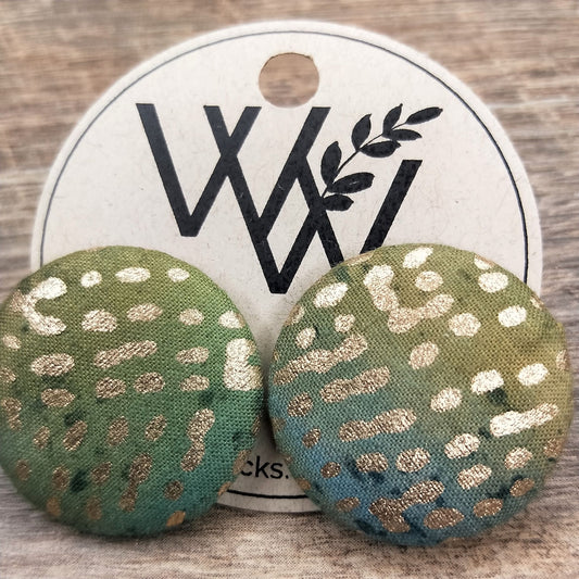 Wildears Fabric Covered Button Earrings Gold Blue Green 27mm