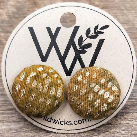 Wildears Fabric Covered Button Earrings Gold Mustard Green 19mm
