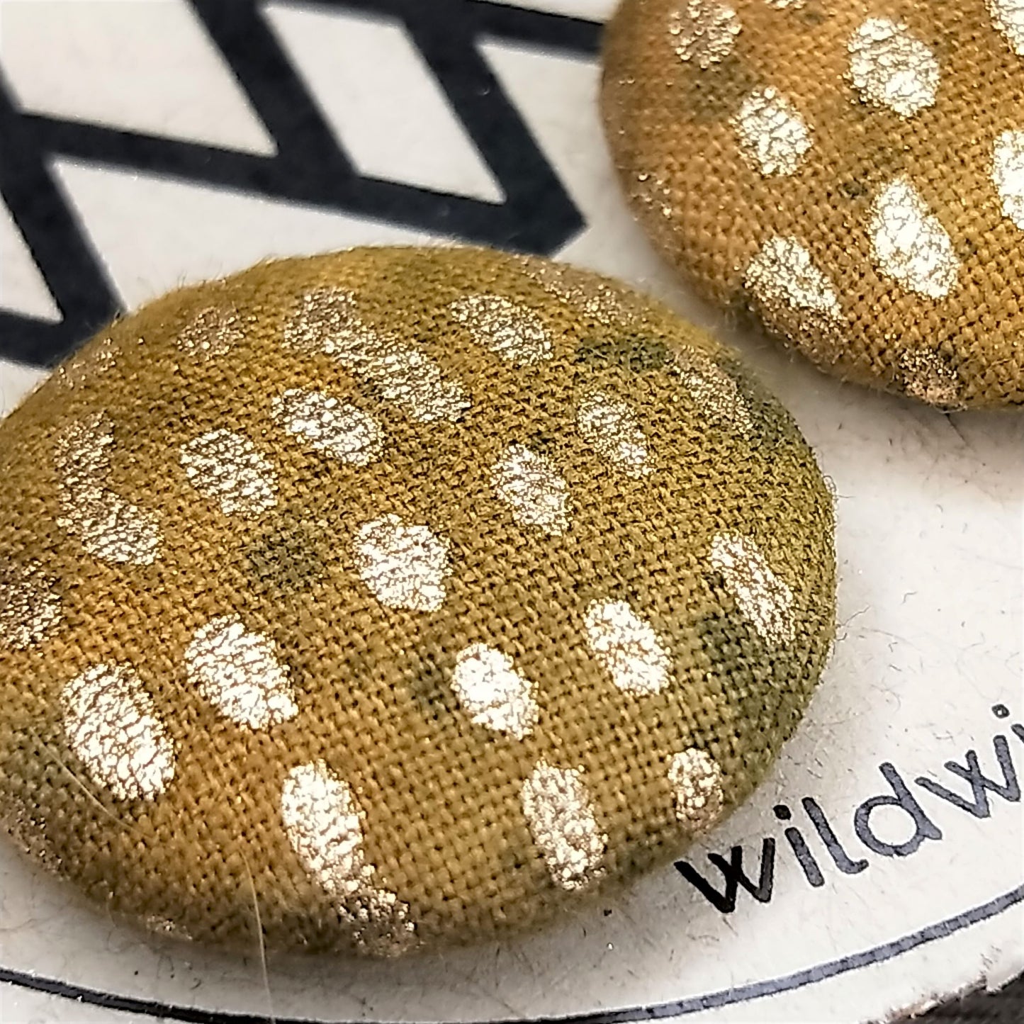 Wildears Fabric Covered Button Earrings Gold Mustard Green 19mm