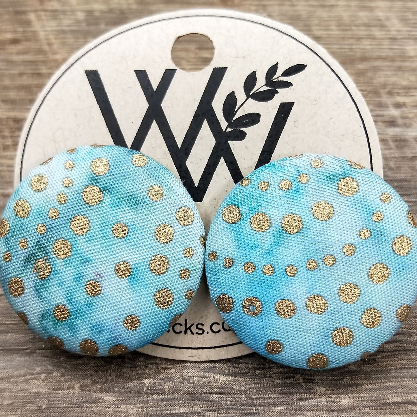 Wildears Fabric Covered Button Earrings Gold Turquoise 27mm