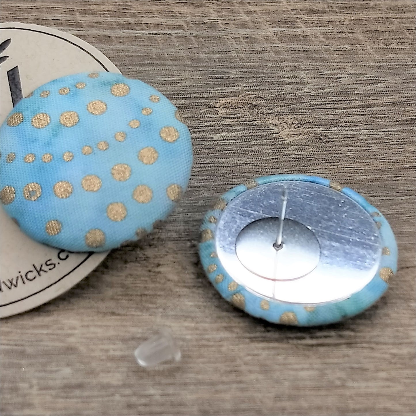 Wildears Fabric Covered Button Earrings Gold Turquoise 27mm