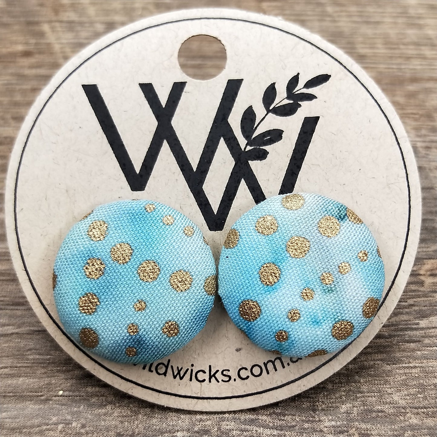 Wildears Fabric Covered Button Earrings Gold Turquoise 19mm