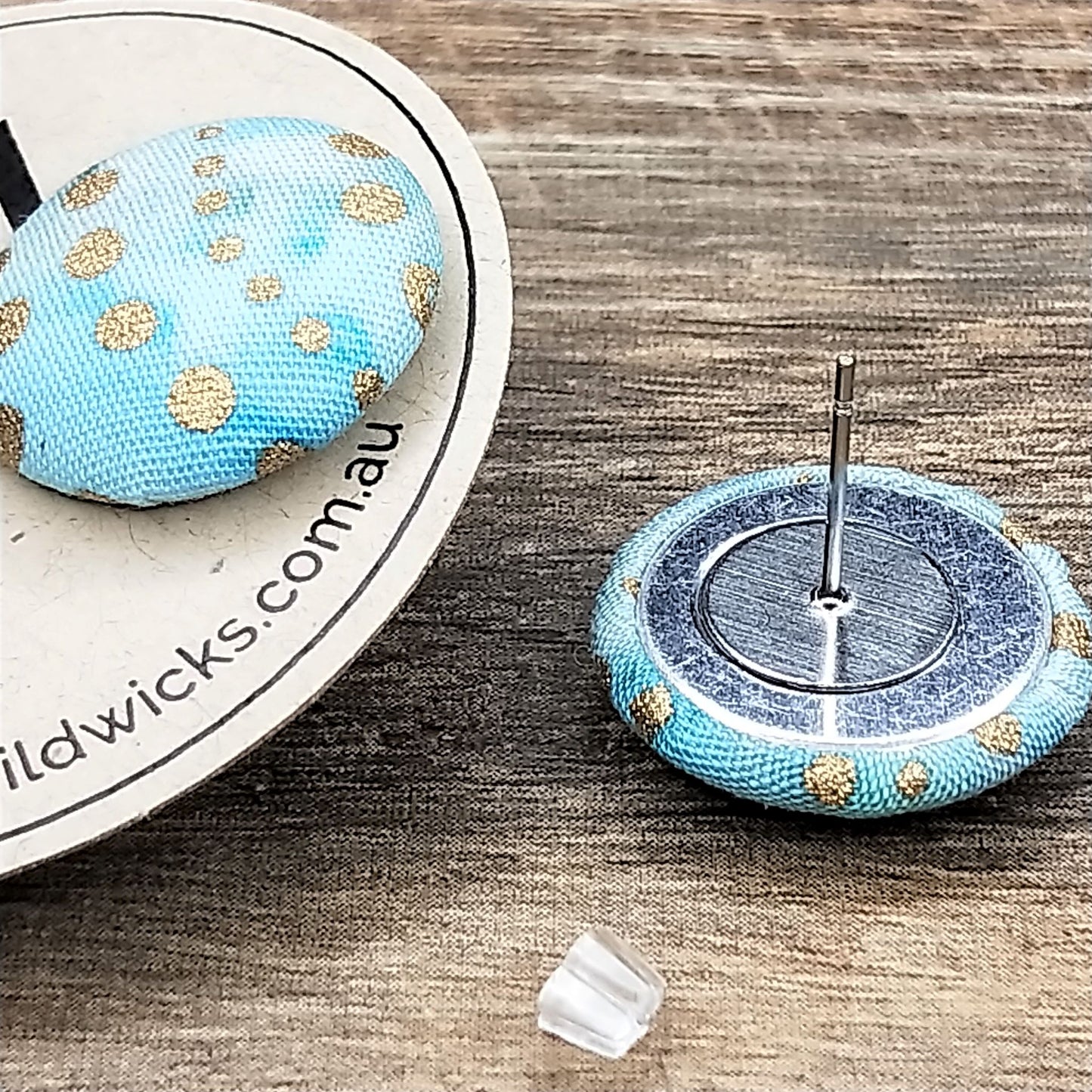 Wildears Fabric Covered Button Earrings Gold Turquoise 19mm