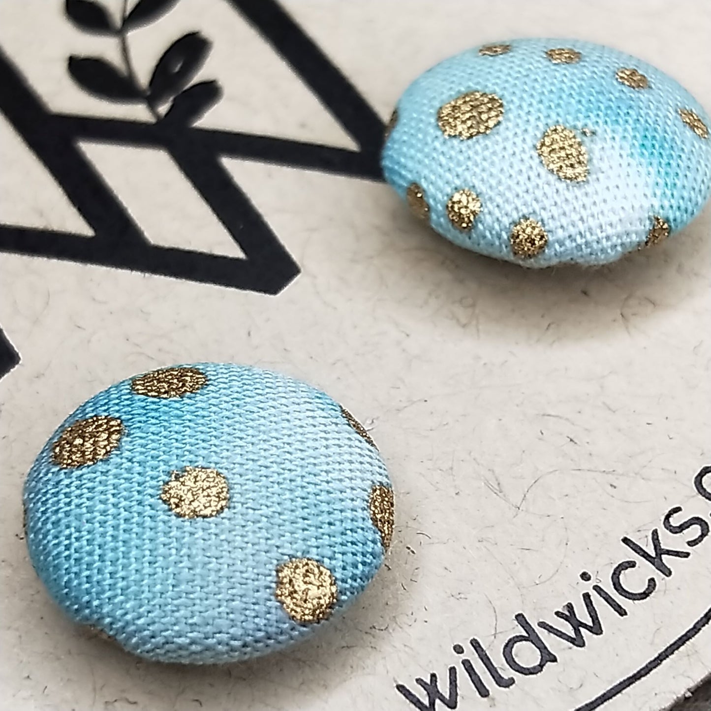 Wildears Fabric Covered Button Earrings Gold Turquoise 12mm