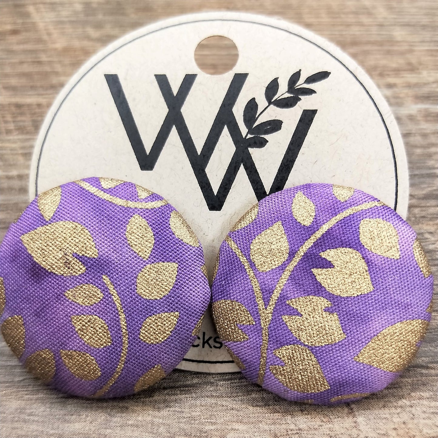 Wildears Fabric Covered Button Earrings Gold Leaf Purple 27mm