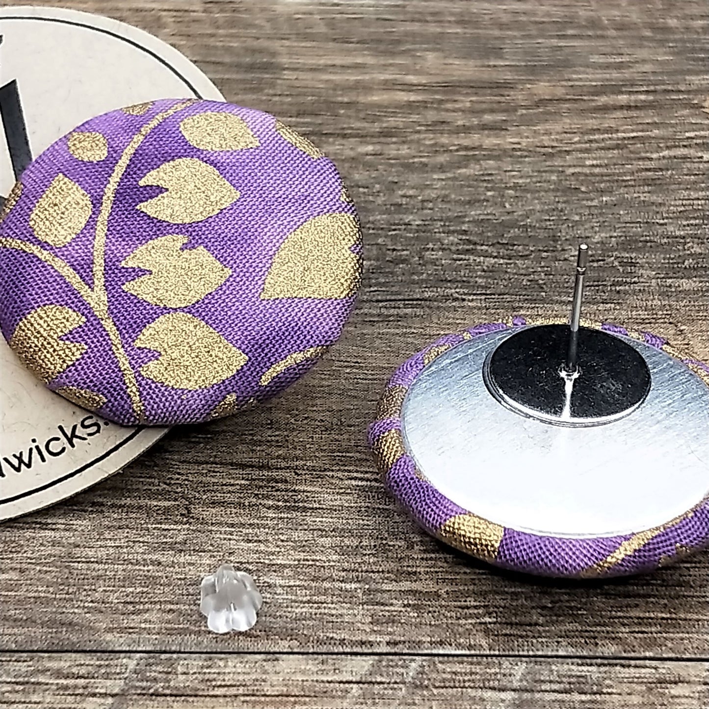 Wildears Fabric Covered Button Earrings Gold Leaf Purple 27mm