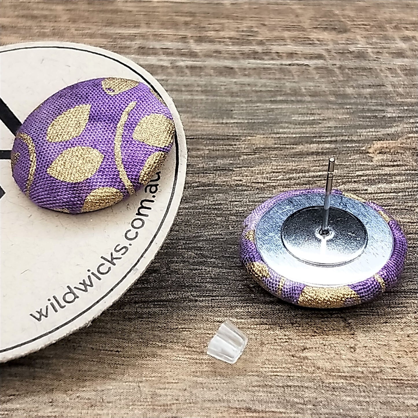 Wildears Fabric Covered Button Earrings Gold Leaf Purple 19mm