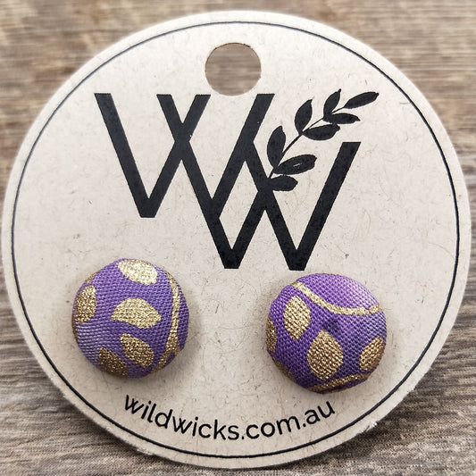 Wildears Fabric Covered Button Earrings Gold Leaf Purple 12mm