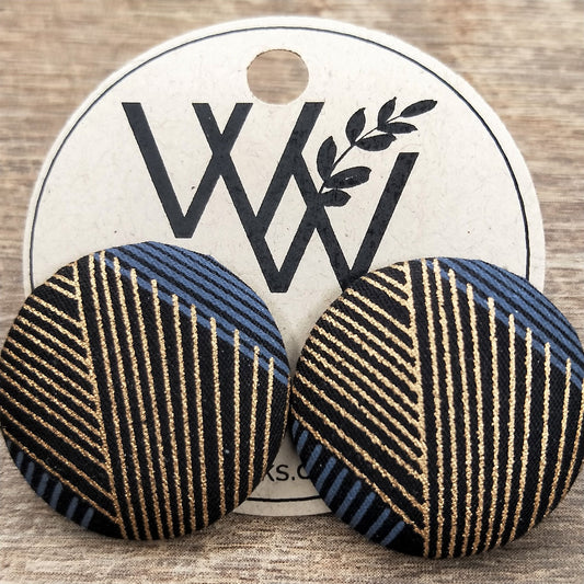 Wildears Fabric Covered Button Earrings Gold Grey Lines 1 27mm