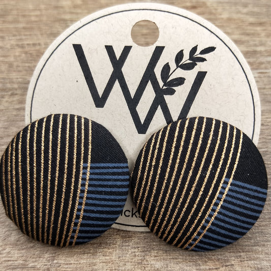 Wildears Fabric Covered Button Earrings Gold Grey Lines 2 27mm