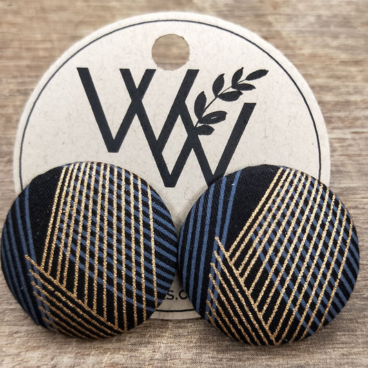 Wildears Fabric Covered Button Earrings Gold Grey Lines 3 27mm