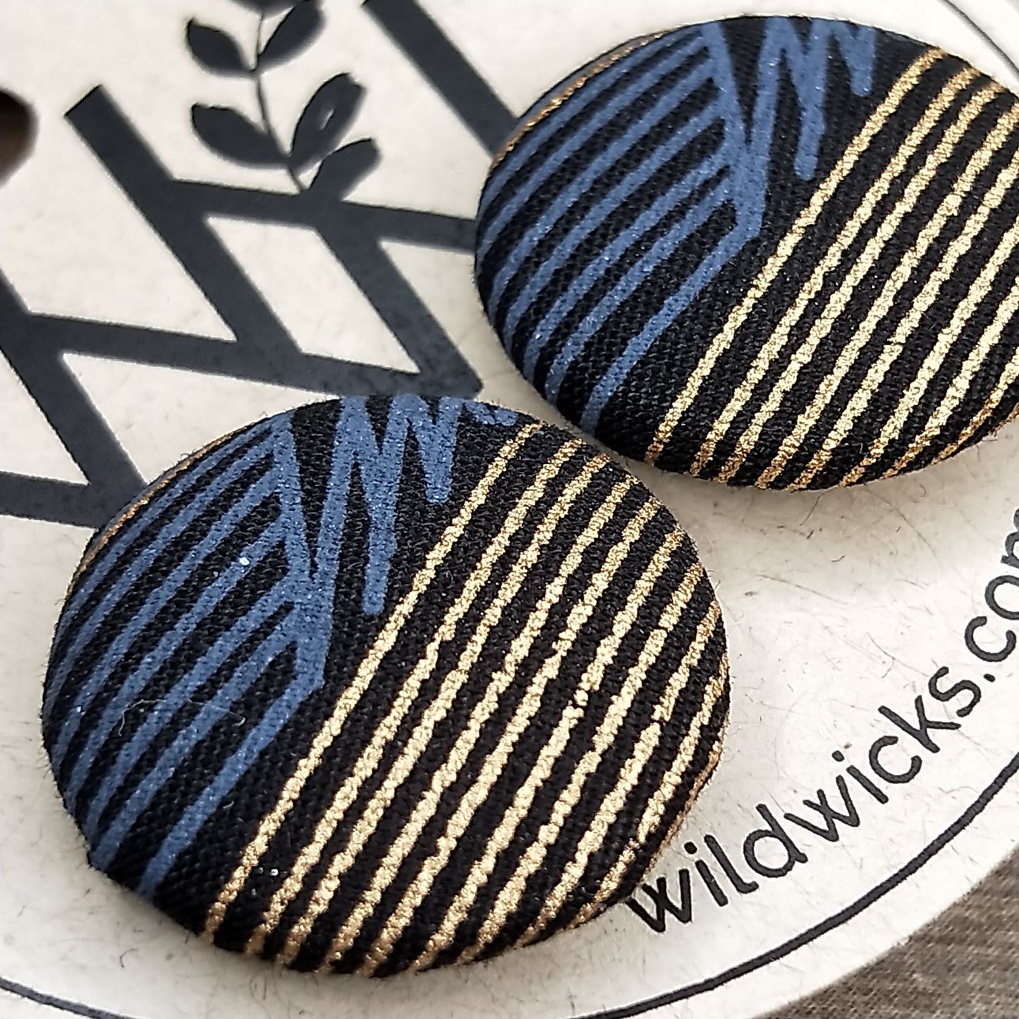 Wildears Fabric Covered Button Earrings Gold Grey Lines 1 19mm