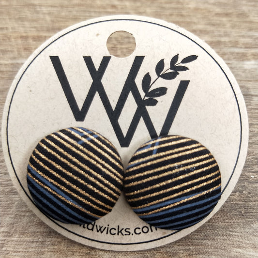 Wildears Fabric Covered Button Earrings Gold Grey Lines 2 19mm