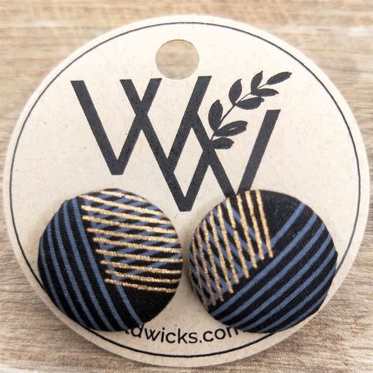 Wildears Fabric Covered Button Earrings Gold Grey Lines 3 19mm