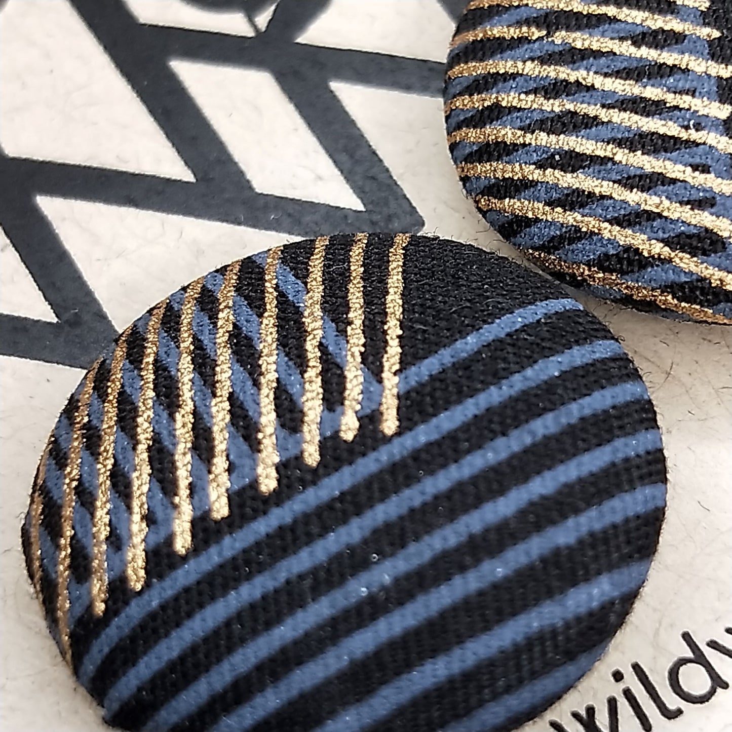 Wildears Fabric Covered Button Earrings Gold Grey Lines 3 19mm