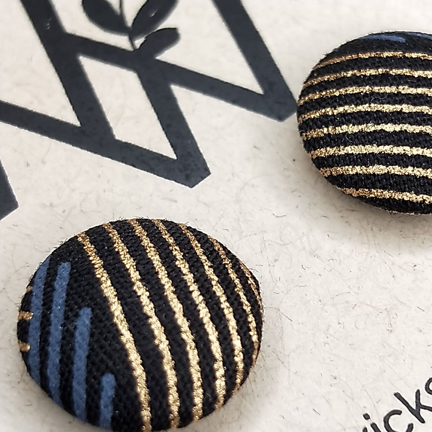 Wildears Fabric Covered Button Earrings Gold Grey Lines 12mm