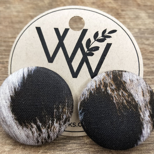 Wildears Fabric Covered Button Earrings Black White Fur 27mm