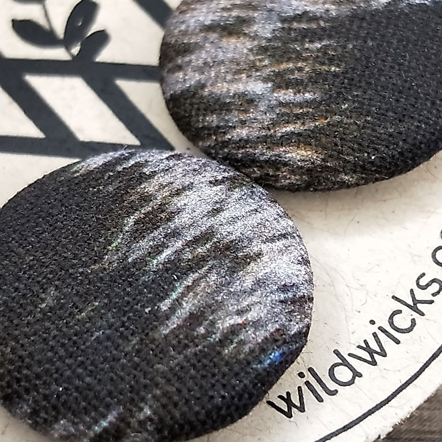 Wildears Fabric Covered Button Earrings Black White Fur 19mm