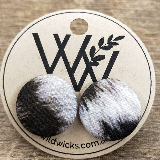Wildears Fabric Covered Button Earrings Black White Fur 2 19mm