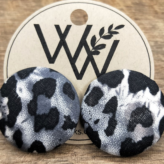 Wildears Fabric Covered Button Earrings Black White Leopard 27mm