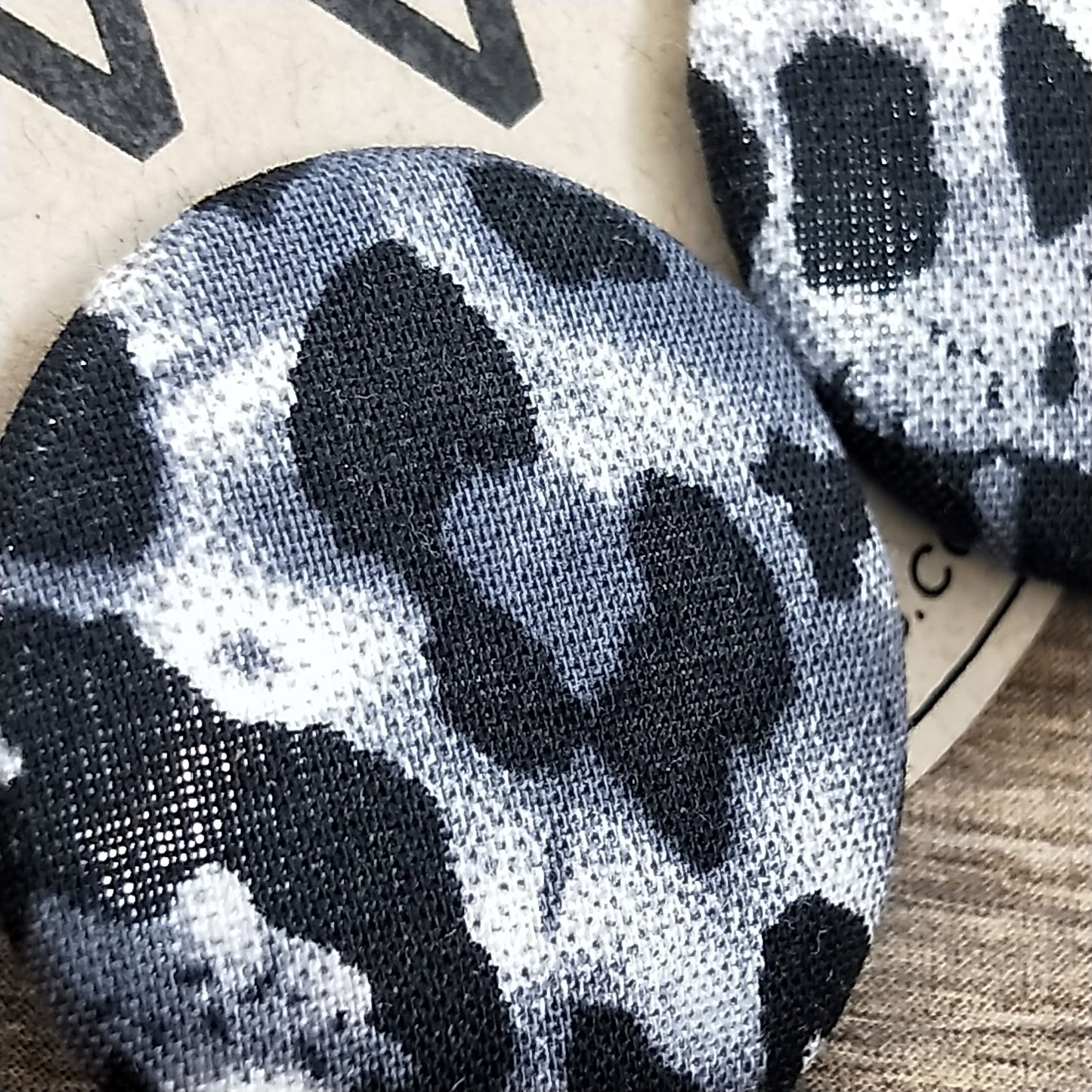 Wildears Fabric Covered Button Earrings Black White Leopard 27mm
