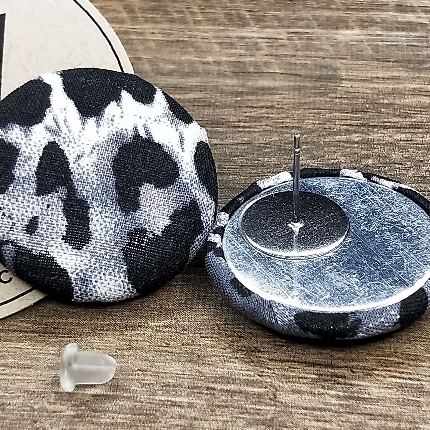 Wildears Fabric Covered Button Earrings Black White Leopard 27mm