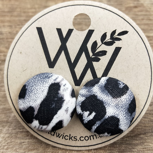 Wildears Fabric Covered Button Earrings Black White Leopard 19mm