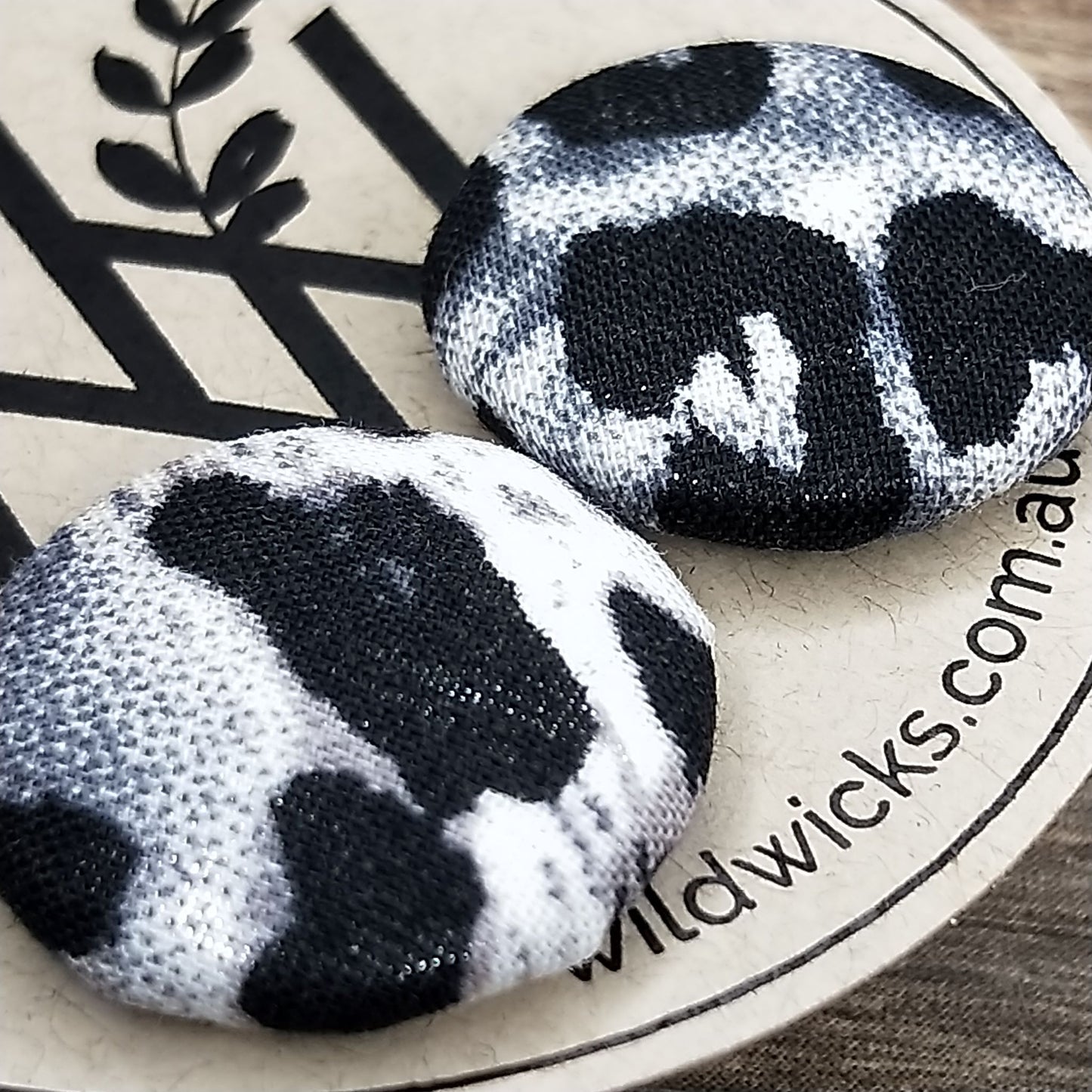 Wildears Fabric Covered Button Earrings Black White Leopard 19mm