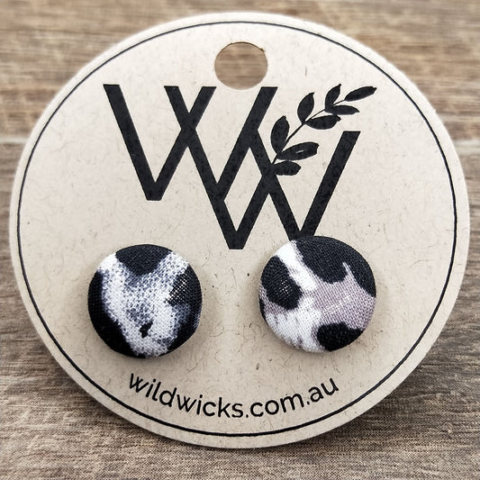 Wildears Fabric Covered Button Earrings Black White Leopard 12mm