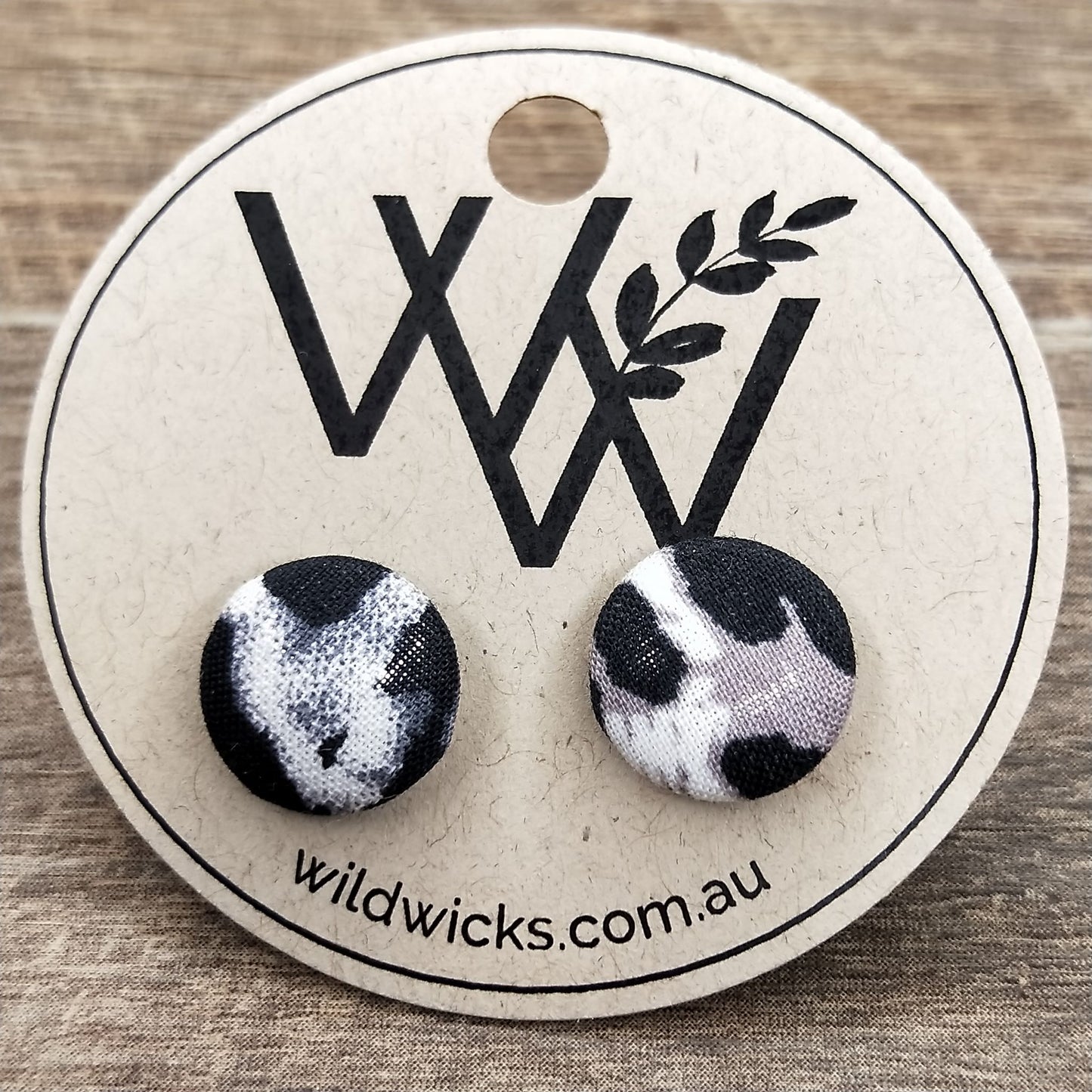 Wildears Fabric Covered Button Earrings Black White Leopard 12mm