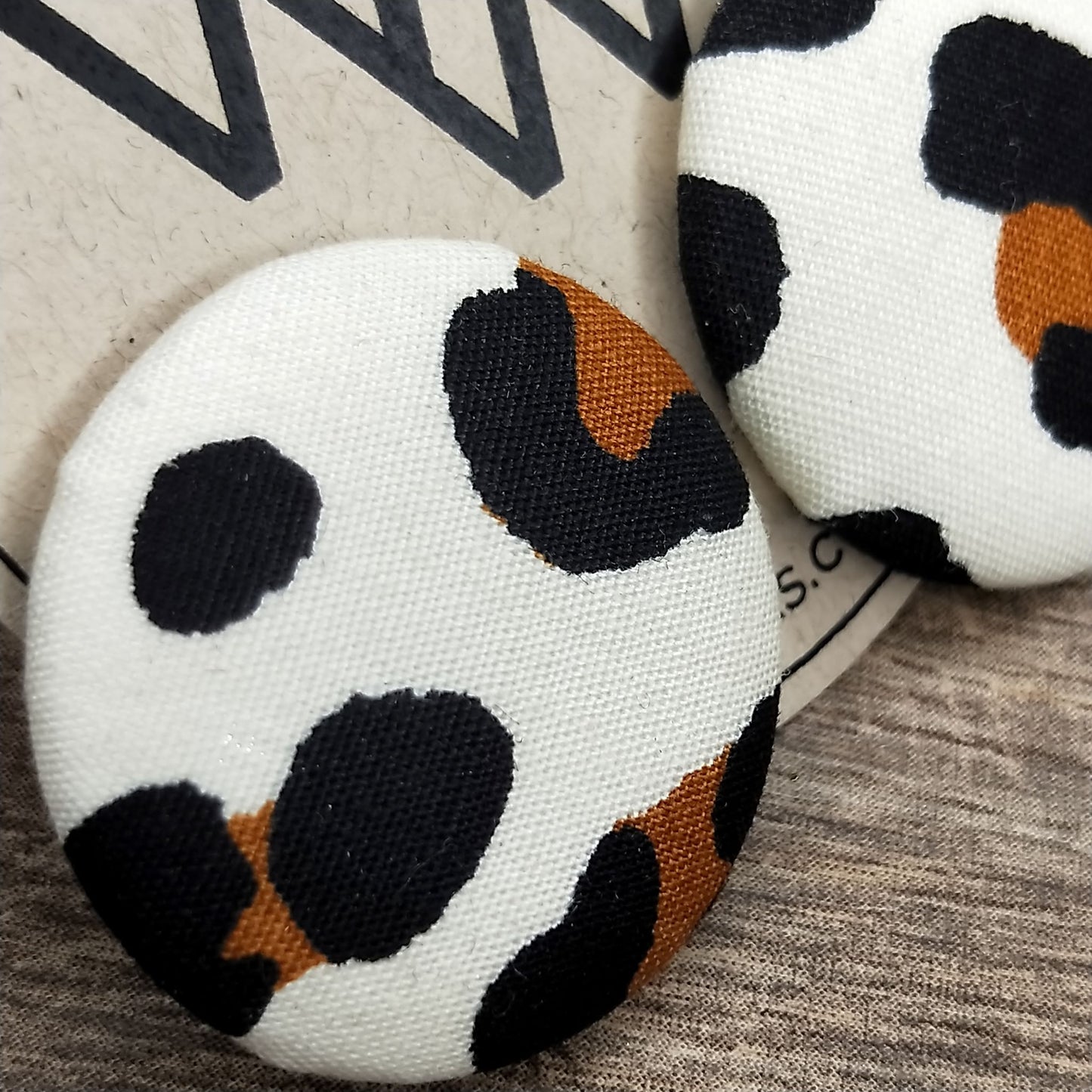 Wildears Fabric Covered Button Earrings Brown Black Leopard 27mm