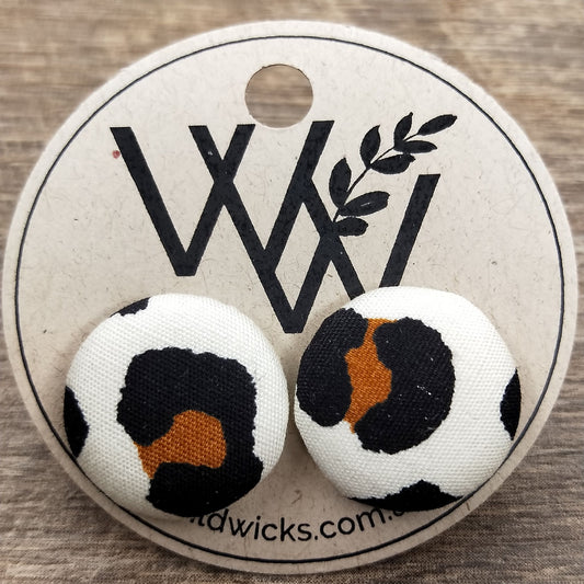 Wildears Fabric Covered Button Earrings Brown Black Leopard 19mm