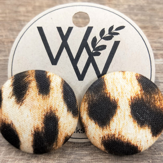 Wildears Fabric Covered Button Earrings Brown Leopard 27mm