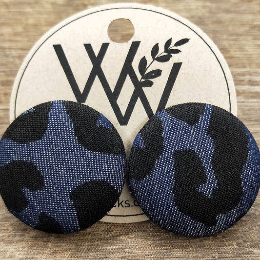 Wildears Fabric Covered Button Earrings Dark Denim Leopard 27mm