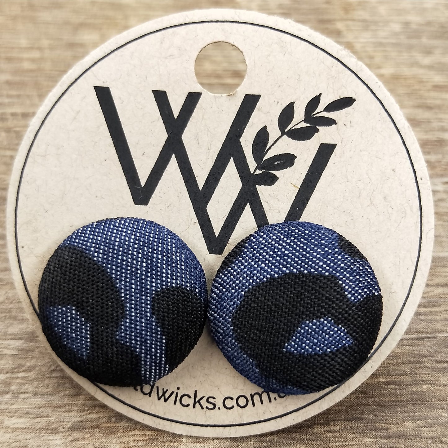 Wildears Fabric Covered Button Earrings Dark Denim Leopard 19mm