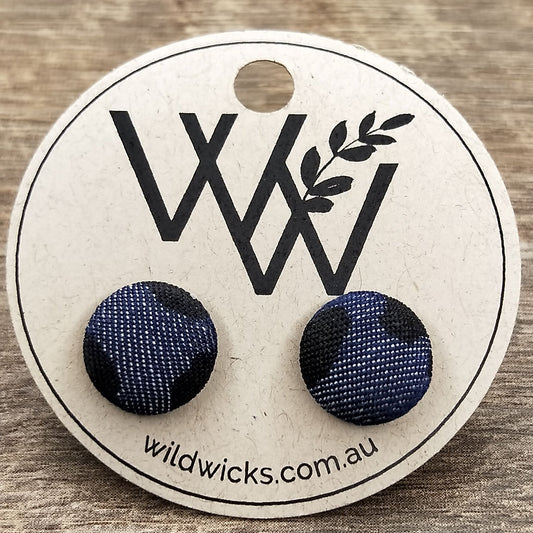 Wildears Fabric Covered Button Earrings Dark Denim Leopard 12mm