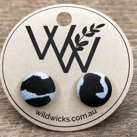 Wildears Fabric Covered Button Earrings Light Blue Leopard 12mm