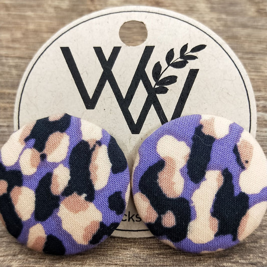 Wildears Fabric Covered Button Earrings Purple Tan Leopard 27mm