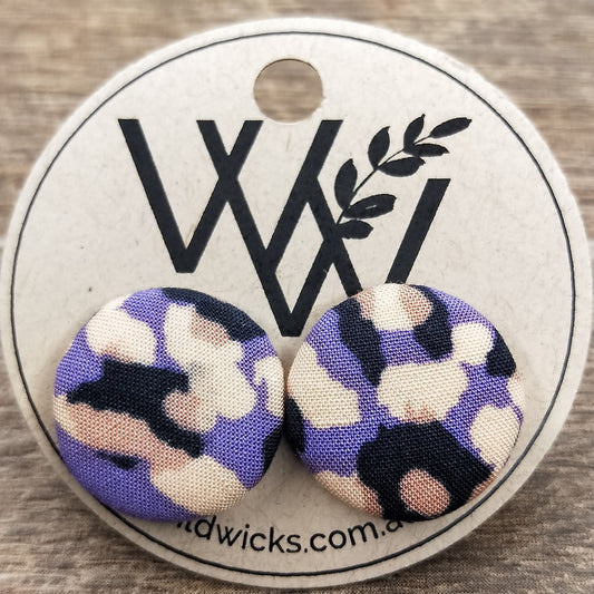 Wildears Fabric Covered Button Earrings Purple Tan Leopard 19mm