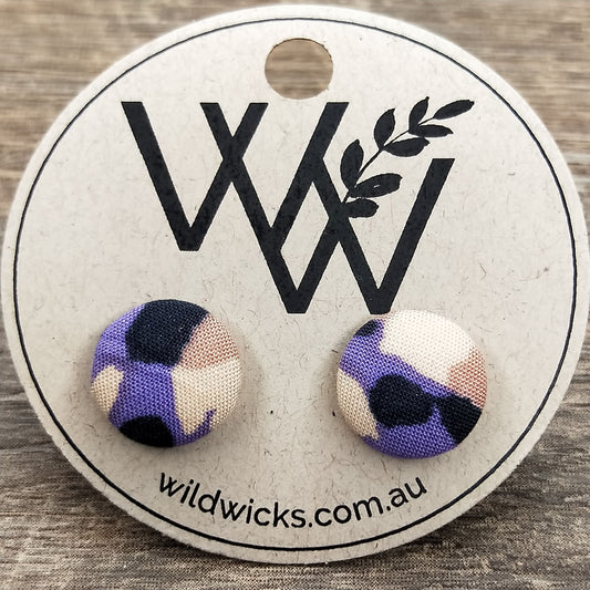 Wildears Fabric Covered Button Earrings Purple Tan Leopard 12mm